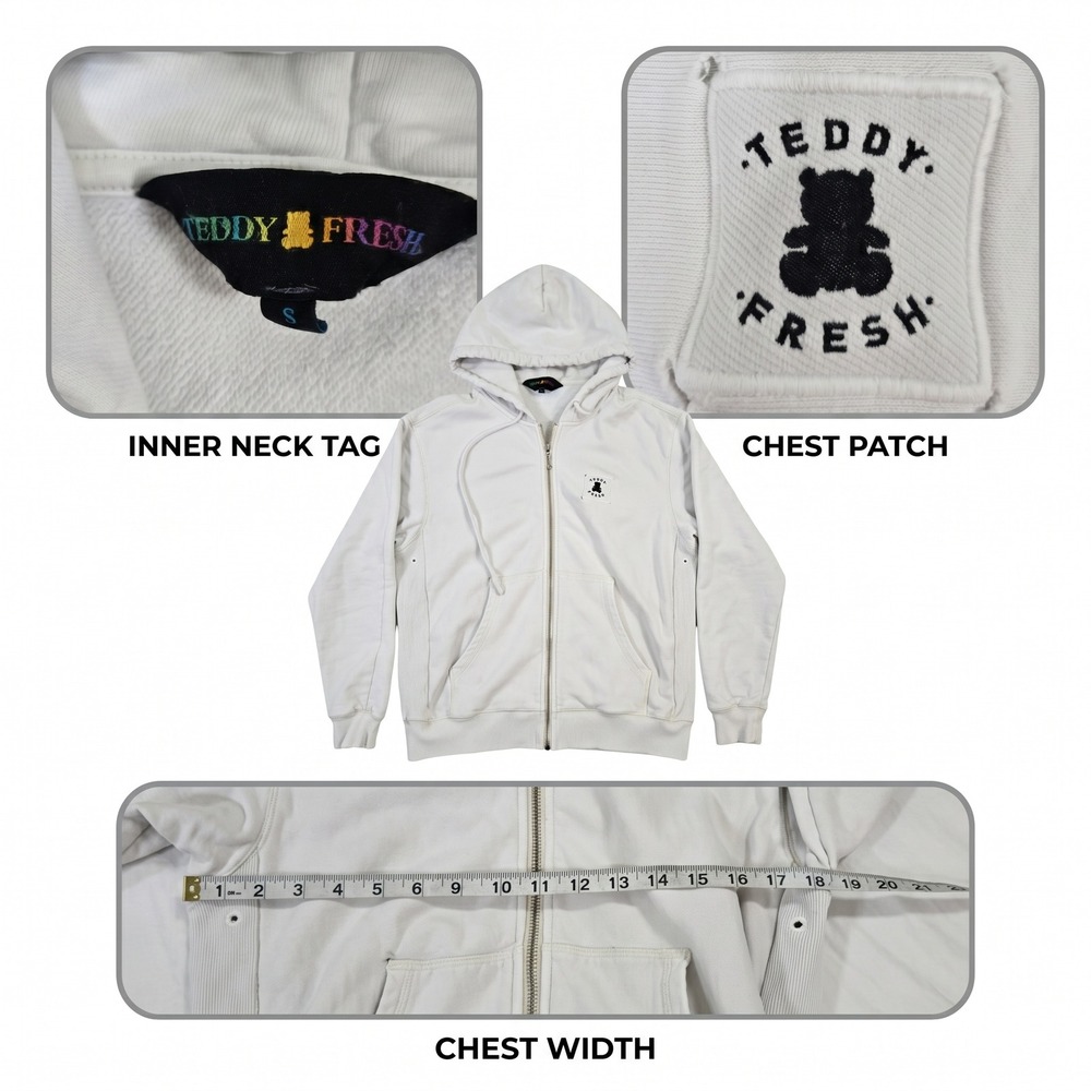 Teddy Fresh Hoodie S Womens Off White Heavyweight Full Zip Bear Patch Streetwear